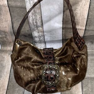 Desmo Italy Brown Gold Pony Hair Leather Hobo Shoulder Bag Purse Western Y2K